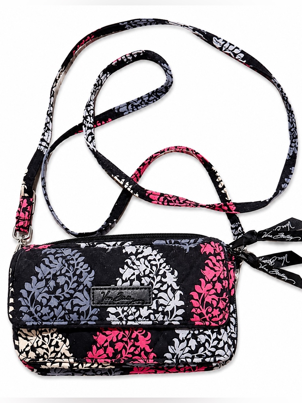 Vera Bradley Beautiful Black Floral Quilted Crossbody with Pink & Gray Accents
